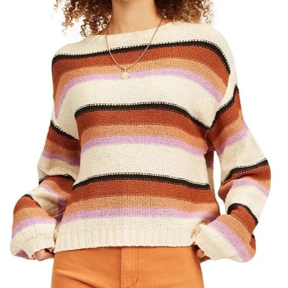 Billabong Womens Striped Seeing Double S Crop Crewneck Sweater Cotton - Picture 1 of 12